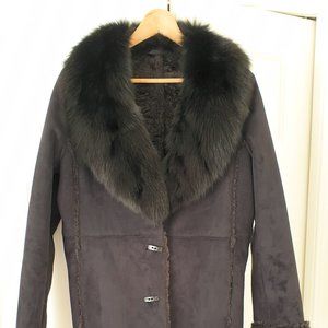 Wilson Leather Faux-Shearling Coat with Fox Fur Trim Black - Size M